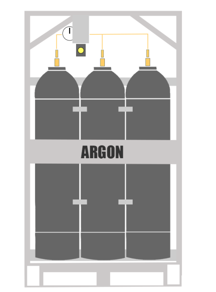 Here You will see an Argon Manifold Cylinder Pallet. This type of cylinder system is also known as an Industrial gas Argon Bank. This Manifold Cylinder Pallet contains 9 cylinders which are available in 200 or 300 bar pressure.