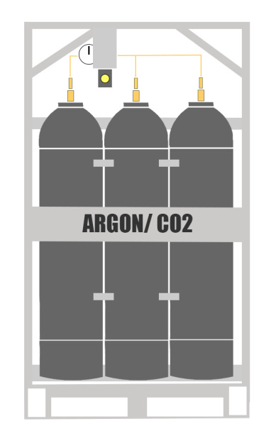Here You will see an Argon/CO2 Manifold Cylinder Pallet. This type of cylinder system is also known as an Industrial gas Argon/CO2 Bank. This Manifold Cylinder Pallet contains 9 cylinders which are available in 200 or 300 bar pressure. A mix of gases is a