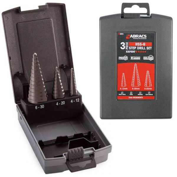 see here Drill bits from Abracs. Also know as Abracs 3 Piece Step Drill Set.