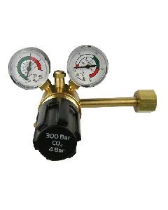 This is an image of a This is an image of a Parweld CO2 Single Stage Dual Gauge Regulator