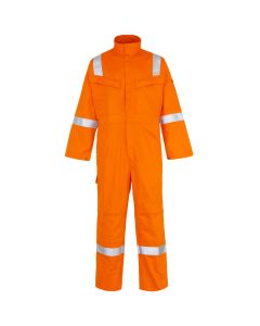 Here you find a welders flame retardant Overall or Coverall. this Welders Coverall comes in many sizes and three colours, you see here the Orange flame retardant coverall. This overall has reflective tape on the shoulder, arms and legs for added 